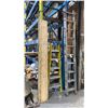 Image 1 : 6' YELLOW FIBREGLASS LADDER, ALLRIGHT APPROX 20' EXTENSION LADDER & STACK OF WOODEN PLANKS