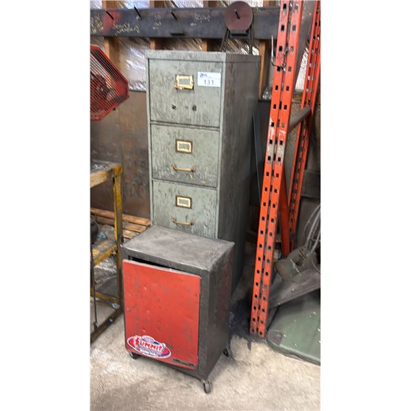 5 DRAWER FILING CABINET WITH ASSORTED HARDWARE/PARTS & SMALL MOBILE SHOP CABINET