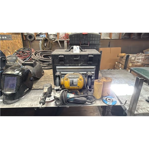 BG-6 BENCH GRINDER, MAKITA GRINDER, POWER FIST PNEUMATIC SANDER, TOOL BOX WITH ASSORTED TOOL