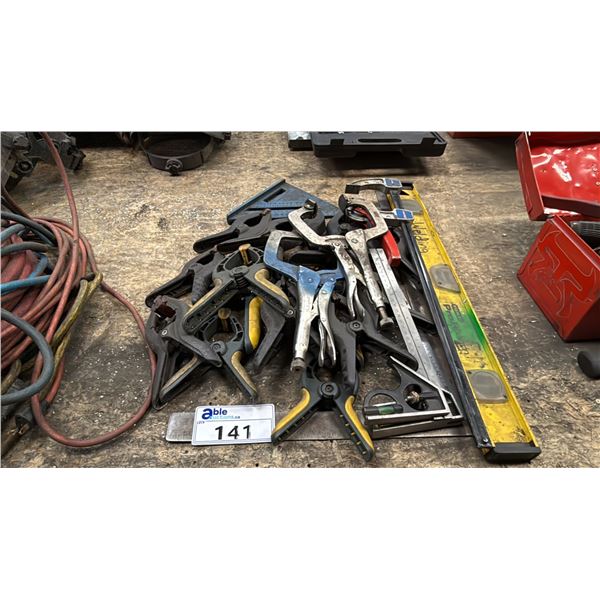 GROUP OF ASSORTED CLAMPS, LEVELS & MEASURING SQUARES