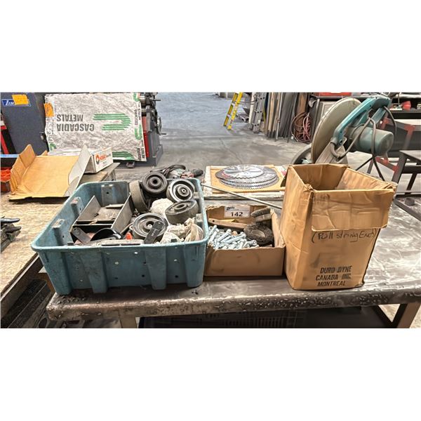 BIN & 2 BOXES OF ASSORTED PARTS & HARDWARE