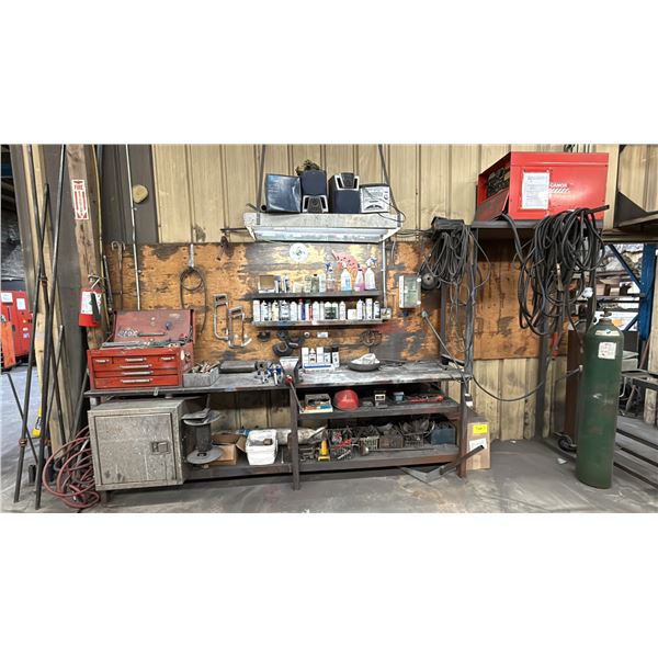 LARGE METAL WORK BENCH WITH ASSORTED SHOP CONTENTS- TOOL BOX FULL OF HAND TOOLS, SPRAY PAINTS,