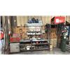 Image 1 : LARGE METAL WORK BENCH WITH ASSORTED SHOP CONTENTS- TOOL BOX FULL OF HAND TOOLS, SPRAY PAINTS,