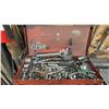 Image 2 : LARGE METAL WORK BENCH WITH ASSORTED SHOP CONTENTS- TOOL BOX FULL OF HAND TOOLS, SPRAY PAINTS,