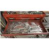 Image 4 : LARGE METAL WORK BENCH WITH ASSORTED SHOP CONTENTS- TOOL BOX FULL OF HAND TOOLS, SPRAY PAINTS,
