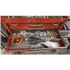 Image 5 : LARGE METAL WORK BENCH WITH ASSORTED SHOP CONTENTS- TOOL BOX FULL OF HAND TOOLS, SPRAY PAINTS,