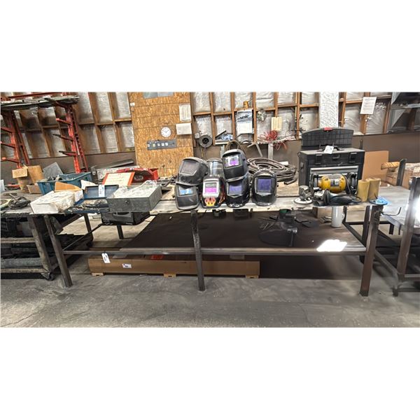 LARGE METAL SHOP TABLE & BOX OF WELD ON HINGES *CONTENTS ON TOP NOT INCLUDED*