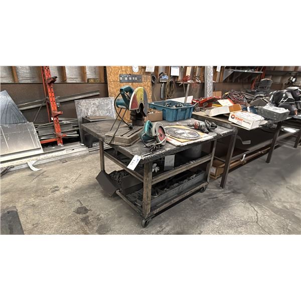 3 TIER METAL MOBILE WELDERS TABLE WITH ASSORTED PARTS & HARDWARE *CONTENTS ON TOP NOT INCLUDED*