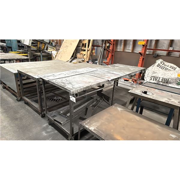 LARGE METAL MOBILE SHOP TABLE WITH TABLE TOP MATERIAL ROLLER & SCRAP METAL
