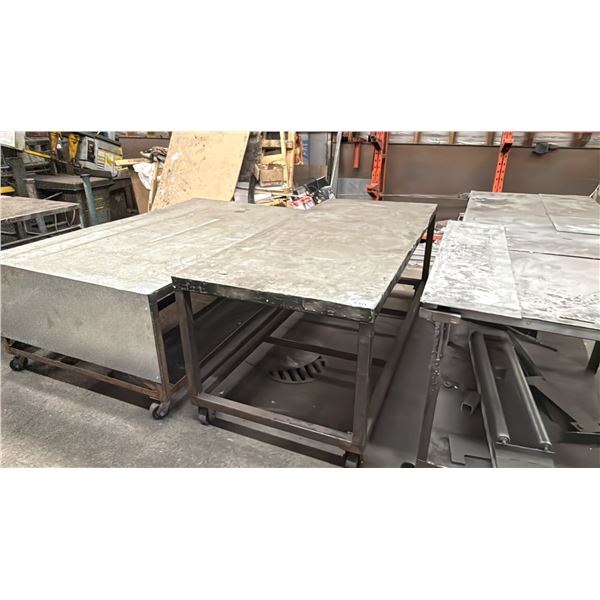LARGE METAL FRAME/WOOD TOP WITH METAL COVER MOBILE SHOP TABLE- MEASURES APPROX 84"L X 36"D X 34"H