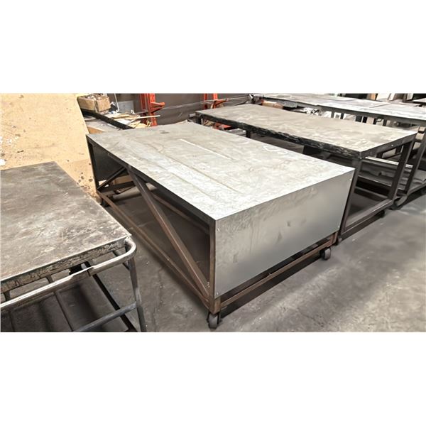 LARGE METAL MOBILE SHOP TABLE - MEASURES APPROX 81"L X 48"D X 30"H