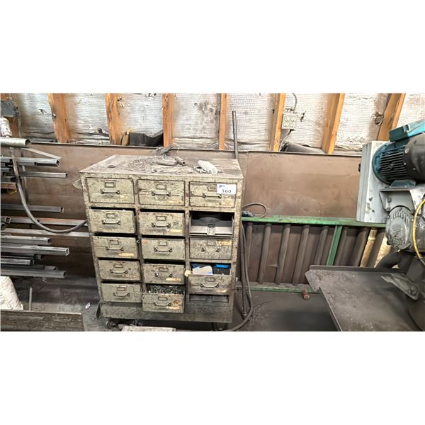 GREEN METAL MULTI DRAWER STORAGE CABINET WITH ASSORTED PARTS & HARDWARE CONTENTS & APPROX 10'L