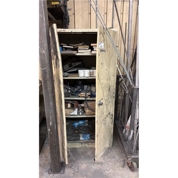 BEIGE 2 DOOR CONSUMABLES CABINET WITH ASSORTED SHOP CONTENTS- WELDING WIRE, GOODYEAR BELTS,