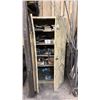Image 1 : BEIGE 2 DOOR CONSUMABLES CABINET WITH ASSORTED SHOP CONTENTS- WELDING WIRE, GOODYEAR BELTS,