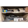 Image 3 : BEIGE 2 DOOR CONSUMABLES CABINET WITH ASSORTED SHOP CONTENTS- WELDING WIRE, GOODYEAR BELTS,