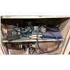Image 4 : BEIGE 2 DOOR CONSUMABLES CABINET WITH ASSORTED SHOP CONTENTS- WELDING WIRE, GOODYEAR BELTS,