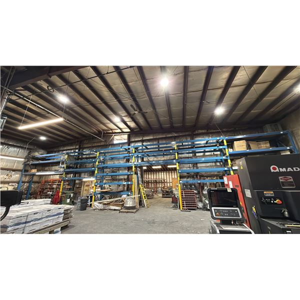 6 BAYS OF BLUE PALLET RACKING-(7) 16' UPRIGHTS (54) 10' 7" SIDE RAILS WITH ASSORTED WOODEN BEAMS