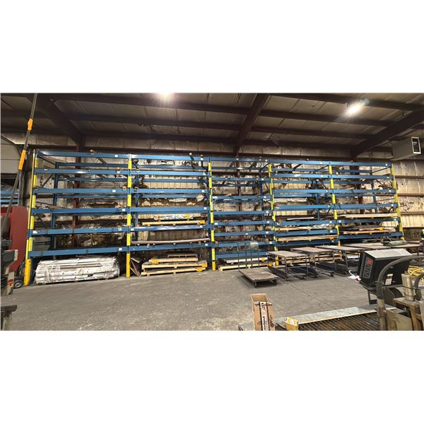 5 BAYS OF BLUE PALLET RACKING-(6) 16' UPRIGHTS (64) 10' 7" SIDE RAILS WITH ASSORTED WOODEN BEAMS