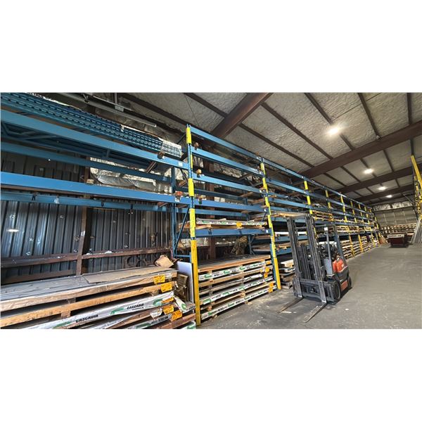 10 BAYS OF BLUE PALLET RACKING-(9) 16' UPRIGHTS (6) 12' UPRIGHTS (90) 10' 7" SIDE RAILS WITH