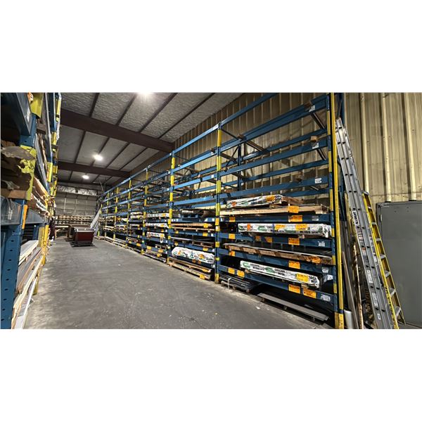 7 BAYS OF BLUE PALLET RACKING-(8) 16' UPRIGHTS (100) 9' SIDE RAILS WITH ASSORTED WOODEN BEAMS