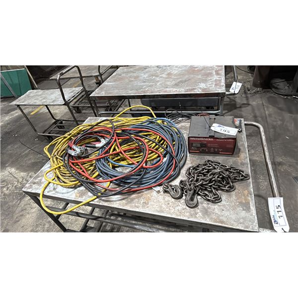 MOTOMASTER BATTERY CHARGER, JUMPER CABLES, 2 EXTENSION CABLES & TOW CHAIN