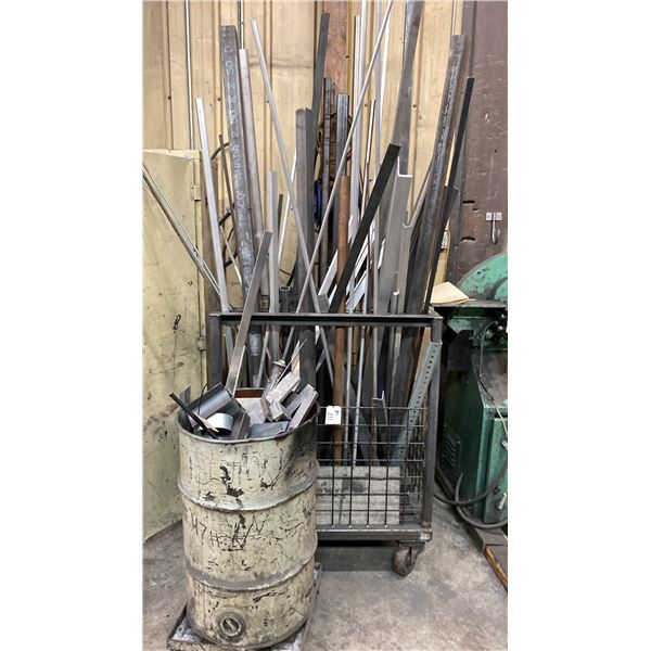 MOBILE MATERIAL CART WITH ASSORTED METAL STOCK MATERIAL & BARREL OF SCRAP PIECES