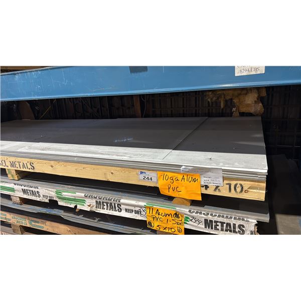 TWO SKIDS OF ALUMINUM FABRICATING SHEET METAL- 10 GAUGE PVC 4X10, 11 GAUGE PVC 1-SIDE 5X10