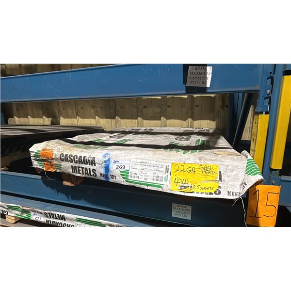 ONE PALLET OF FABRICATING SHEET METAL- 22 GAUGE GALVANIZED PERFORATED 4X4 APPROX 125 SHEETS
