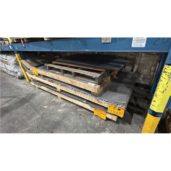 FOUR SKIDS OF ASSORTED CHECKER PLATE, METAL MESH MATERIAL & A FEW SHEETS OF 10 GAUGE ALUMINUM