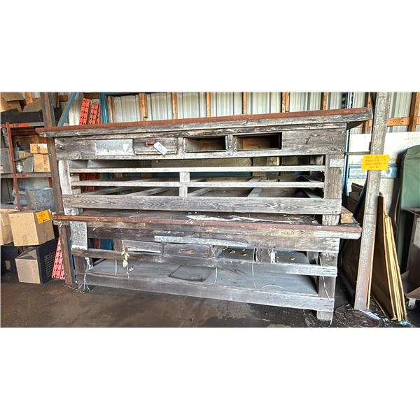 2 LARGE WOODEN SHOP TABLES APPROX 10' X 4' X 37"H