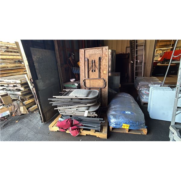 GROUP OF ASSORTED ITEMS- FOLDING CHAIRS, BIG TARP, WOODEN FOLDING TABLE, SHOVELS & MORE