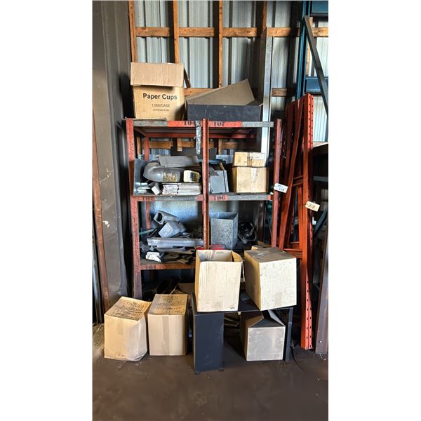ORANGE METAL SHELVING UNIT WITH ASSORTED METAL PIECES, BRACKETS & RACKING PARTS