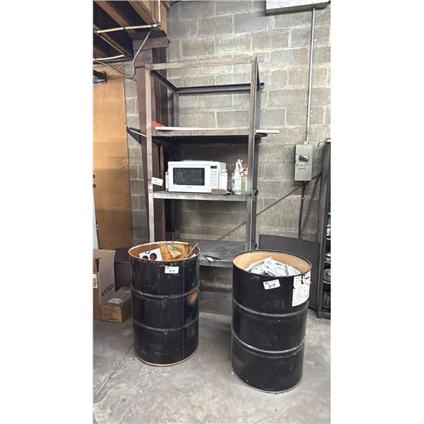 2 BLACK METAL BARRELS WITH ASSORTED SCRAP METAL & METAL SHELVING UNIT WITH MICROWAVE