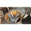 Image 3 : 2 BLACK METAL BARRELS WITH ASSORTED SCRAP METAL & METAL SHELVING UNIT WITH MICROWAVE