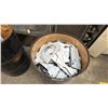 Image 4 : 2 BLACK METAL BARRELS WITH ASSORTED SCRAP METAL & METAL SHELVING UNIT WITH MICROWAVE