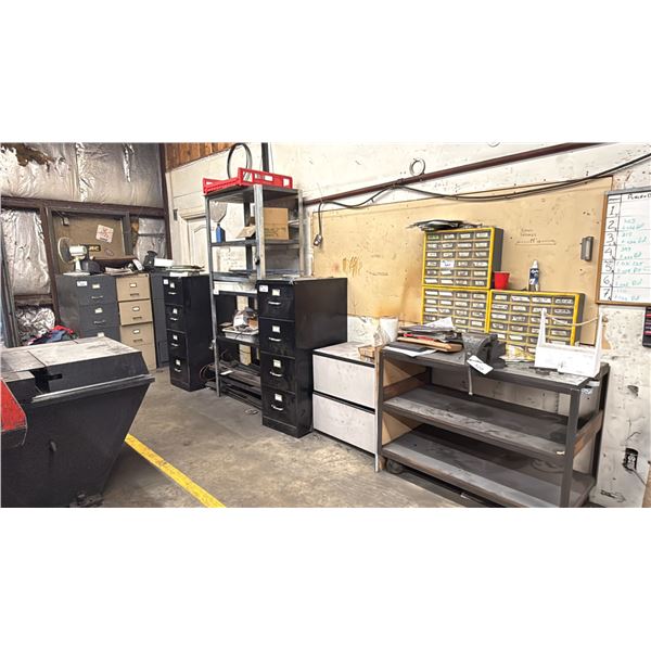 5 FILING CABINETS, LARGE BOX OF SHOP RAGS, METAL SHELVING UNIT, SMALL 2 DRAWER CABINET, METAL FRAME