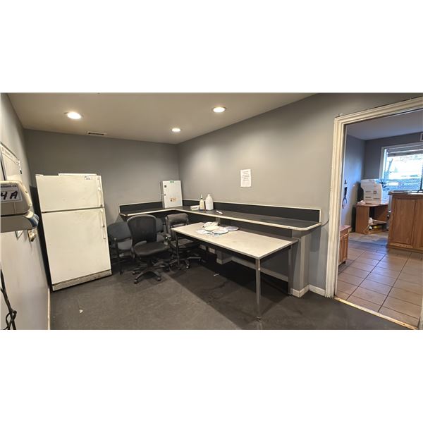 FRIDGE, MICROWAVE, KETTLE, FIRST AID BOX, 4 CHAIRS, TABLE & WHITEBOARD