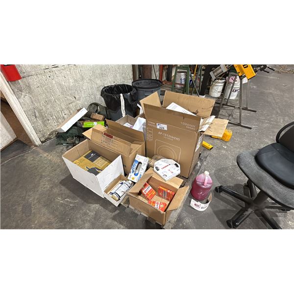 PALLET OF ASSORTED ITEMS- MOTOR OIL, AIR TOOL OIL, OFFICE PAPER, SPRAY ADHESIVES, CUTTER BLADES