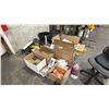 Image 1 : PALLET OF ASSORTED ITEMS- MOTOR OIL, AIR TOOL OIL, OFFICE PAPER, SPRAY ADHESIVES, CUTTER BLADES