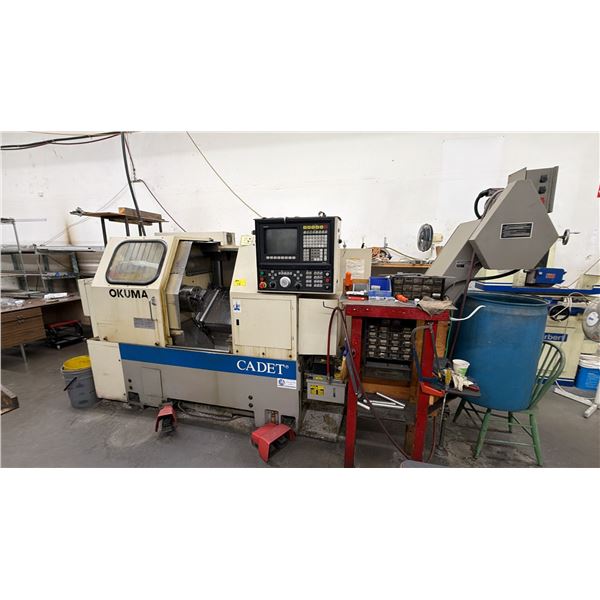 OKUMA CADET LNC-8 METAL LATHE APPROX 9FT X 5FT X 5.5FT WITH HENNIG CHIP CONVEYOR KNO-0320-00
