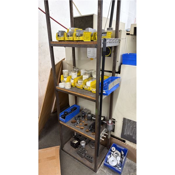 4-TIER METAL SHELVING UNIT WITH ASSORTED METAL LATHE ATTACHMENTS CONTENTS
