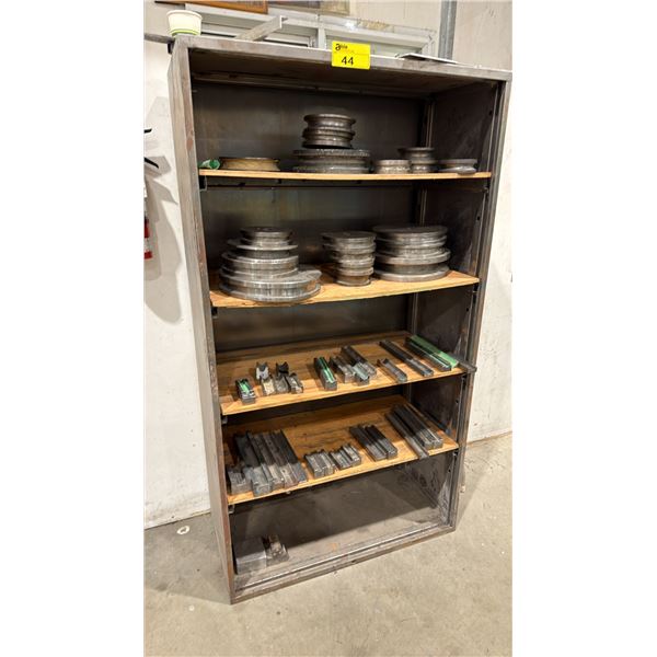 6-TIER SHELVING UNIT WITH ASSORTED PRESS BRAKE DIES & GROOVED ROLLERS