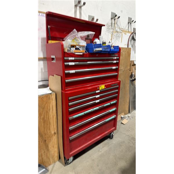 HUSKY 10 DRAWER PORTABLE TOOLBOX WITH ASSORTED CONTENTS INCLUDING; LEVELS, HUSKY 10-PC COMBINATION