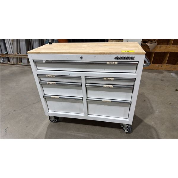 HUSKY 7 DRAWER PORTABLE TOOLBOX WITH WORK STATION & ASSORTED CONTENTS INCLUDING; HUSKY COMBINATION