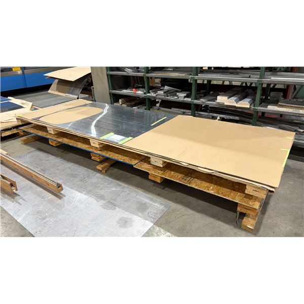 PALLET OF ASSORTED SIZE SHEETS OF ALUMINUM UP TO 12FT X 4FT & WOOD PANEL 12FT X 4FT