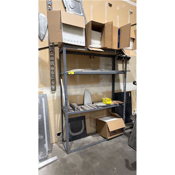 4-TIER METAL SHELVING UNIT WITH ASSORTED CONTENTS INCLUDING; SHIPPING BAGS & ALUMINUM PIECES