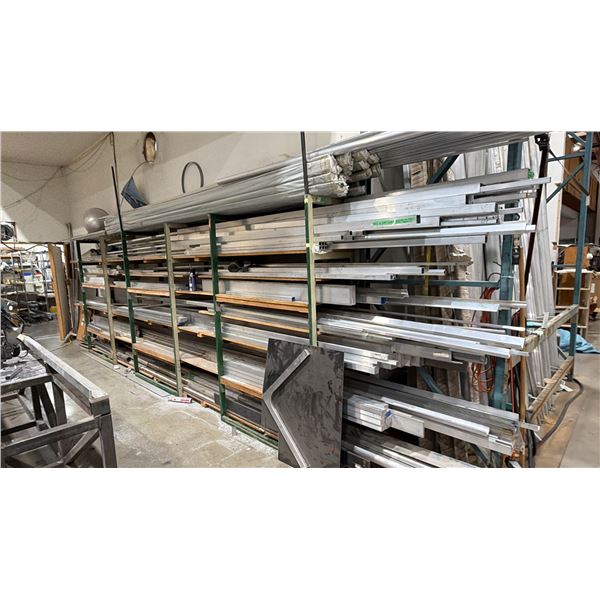 6-TIER SHELVING UNIT WITH ASSORTED ALUMINUM CONTENTS APPROX 24FT IN TOTAL LENGTH WITH ASSORTED SIZE