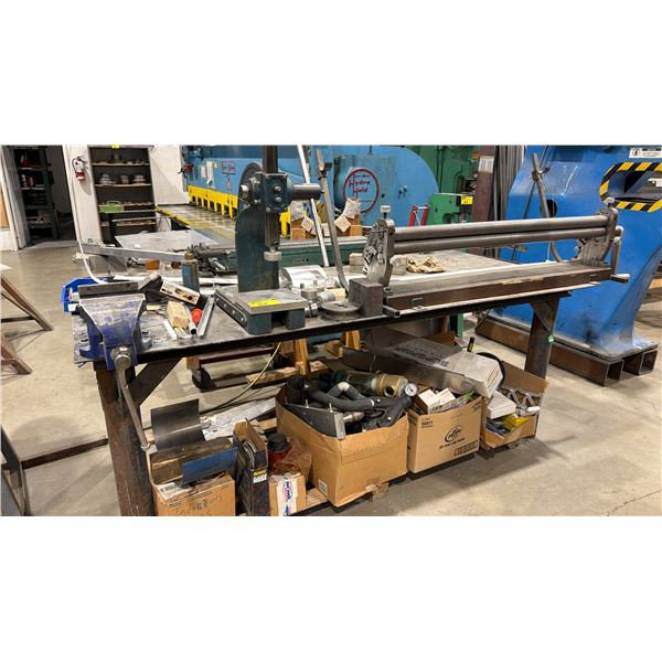 METAL WORK TABLE WITH ATTACHED VISE, MANUAL ROLLER, MANUAL PRESS, MANUAL BENDER, MANUAL BAR FOLDER,