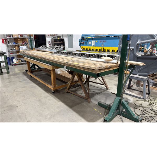 16FT STEEL WORK BENCH WITH CHANNELED WOOD TOP, METAL STANDS, 8FT PORTABLE WOOD TABLE & ASSORTED