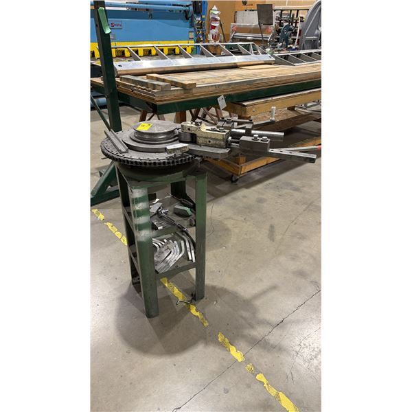 INDUSTRIAL MANUAL ROTARY BENDER MOUNTED ON 2-TIER STEEL STAND WITH ASSORTED CONTENTS